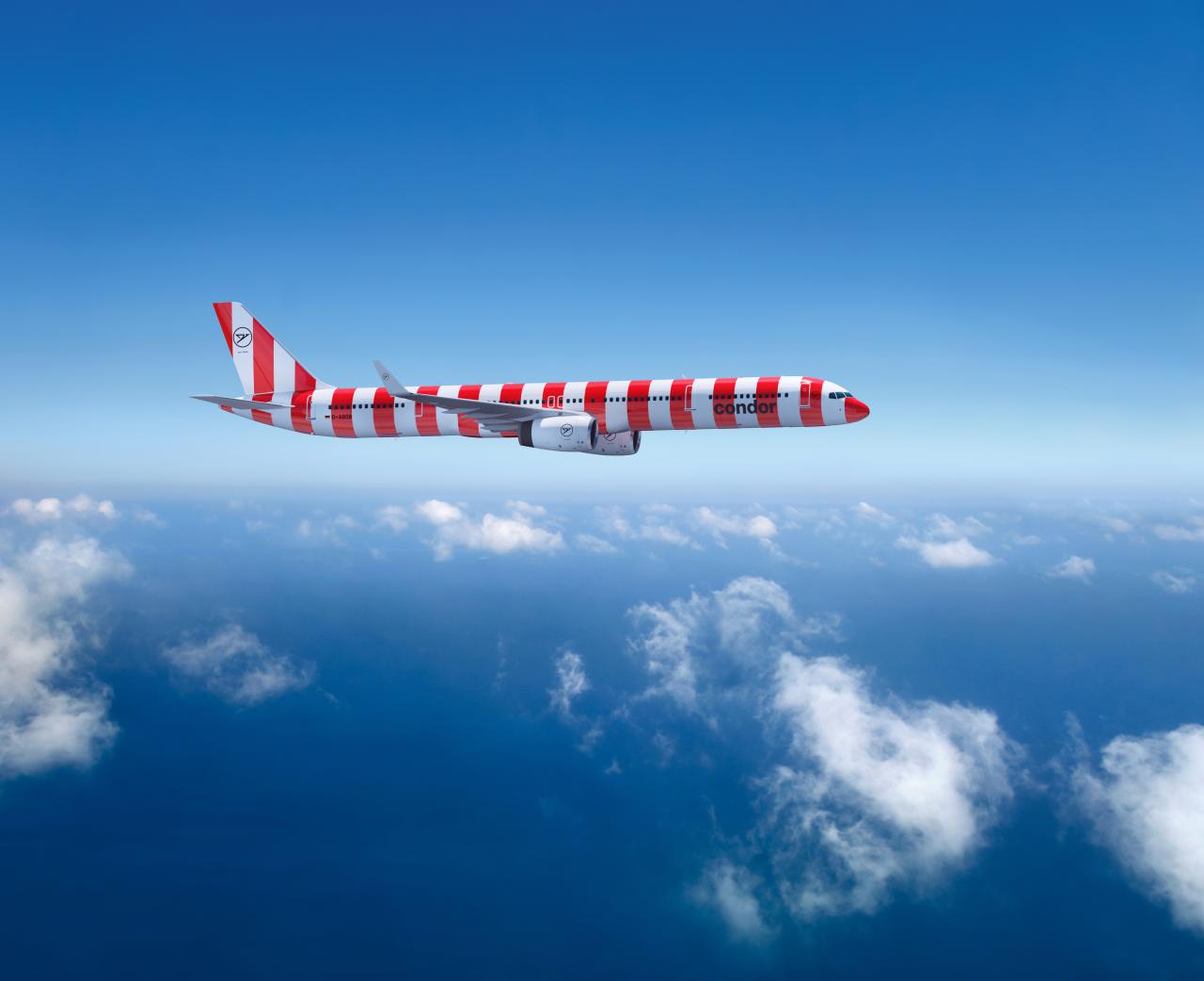 A passenger aircraft, shown from the side, in a red-and-white striped livery, flying above the clouds.