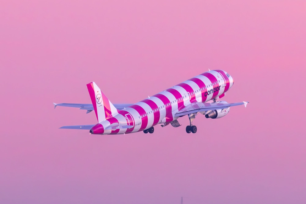 The picture shows a passenger plane in a pink-and-white striped livery during flight. The aircraft is shown from a rear angle. The landing gear is extended.